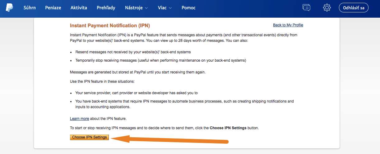IPN nastavení oznámení o platbě - PayPal