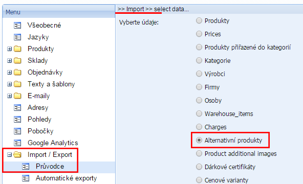 import alternativních produktů