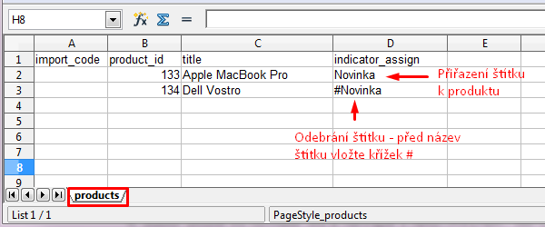 import štítků produktů 