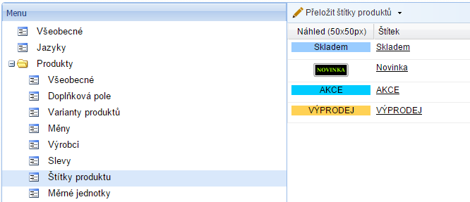 import štítků produktů 