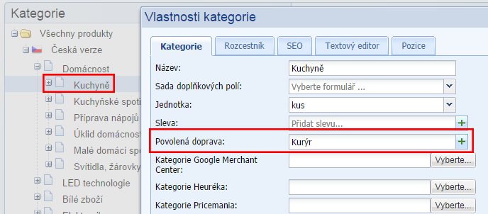 přiřazení dopravy ke kategorii produktů