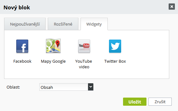 Facebook , Google Mapy, Youtube a Twitter box