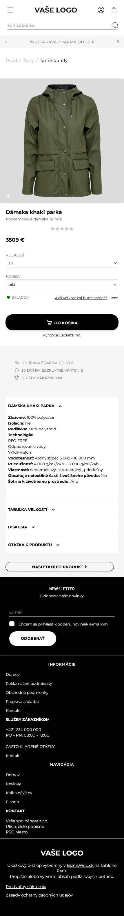 Mobilní detail produktu - eshop šablona Paris: grafické šablony pro eshopy různého zaměření, upravte si e-shop šablony