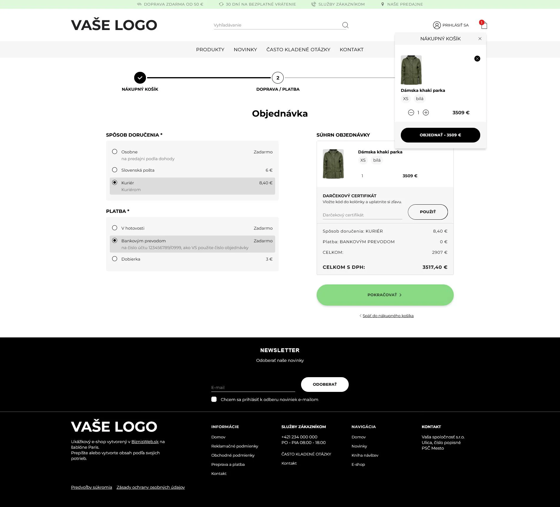 Objednávka - eshop šablona Paris: grafické šablony pro eshopy různého zaměření, upravte si e-shop šablony