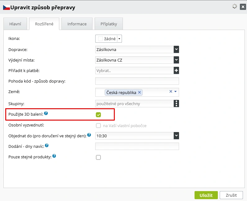 Rozšířené nastavení dopravy - aktivace 3D balení pro daný typ doručení