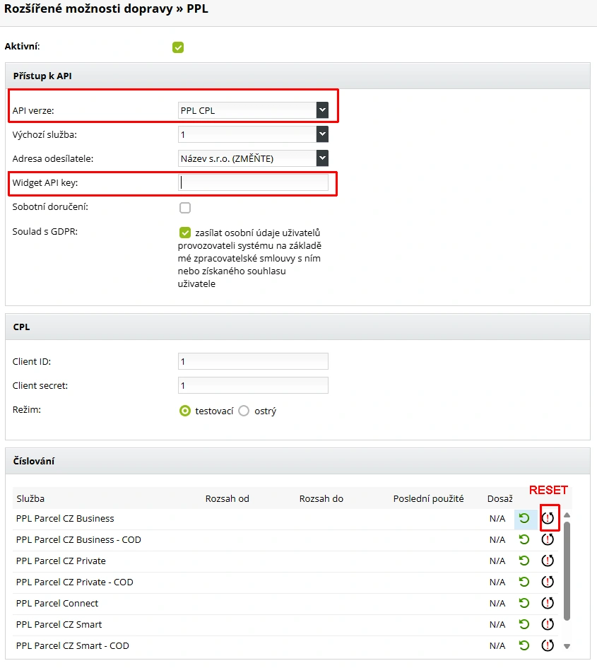 Nastavení PPL CPL API, Widget API key a reset číslování v ByznysWeb.cz