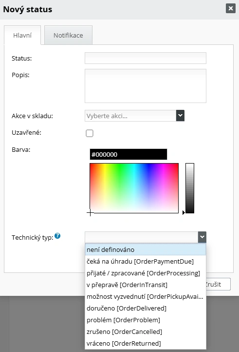 Technický typ objendávkového statusu - nastavení v e-shopu
