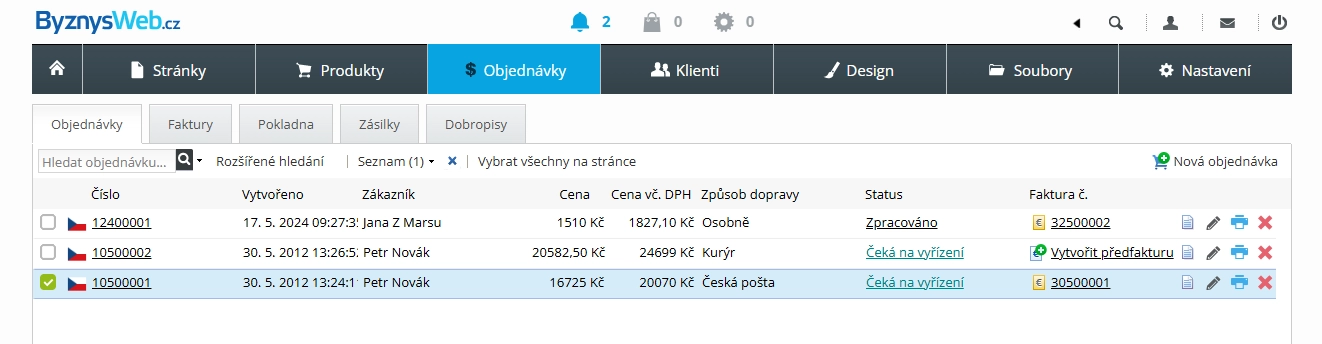 Správa objednávek v e-shopu