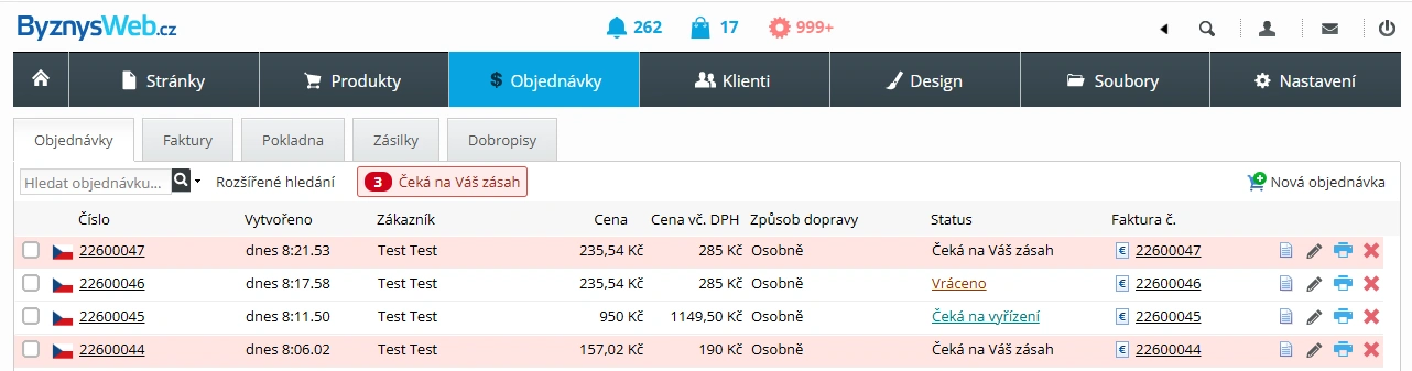 Indikace v přehledu objednávek