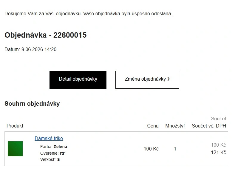 Detail objednávky - mailové potvrzení