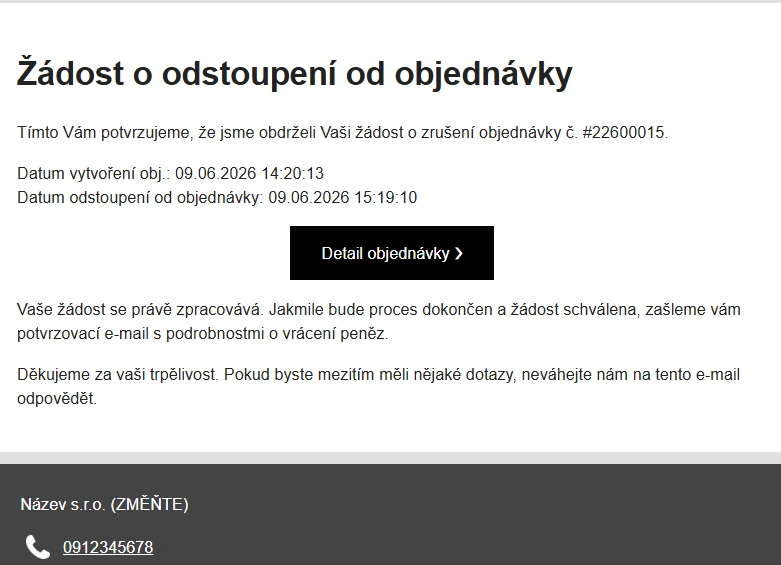 Potvrzení o obdržení žádosti o odstoupení od smlouvy na dálku