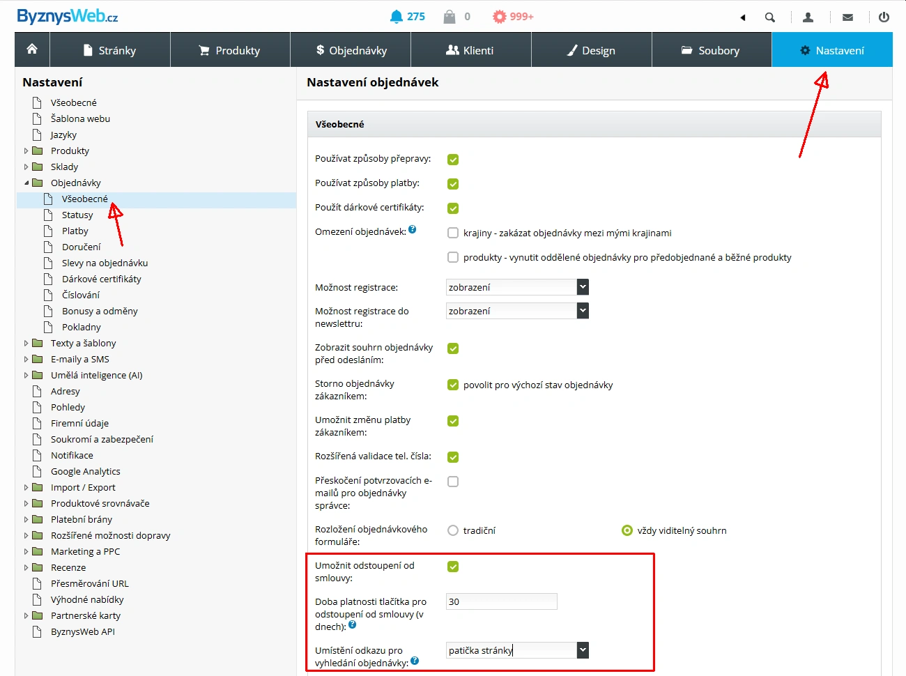 Nastzavení odstoupení od smlouvy v administraci e-shopu