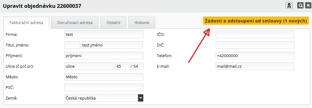 Detail objednavky - administrace e-shopu - žádosti o odstoupení od smlouvy