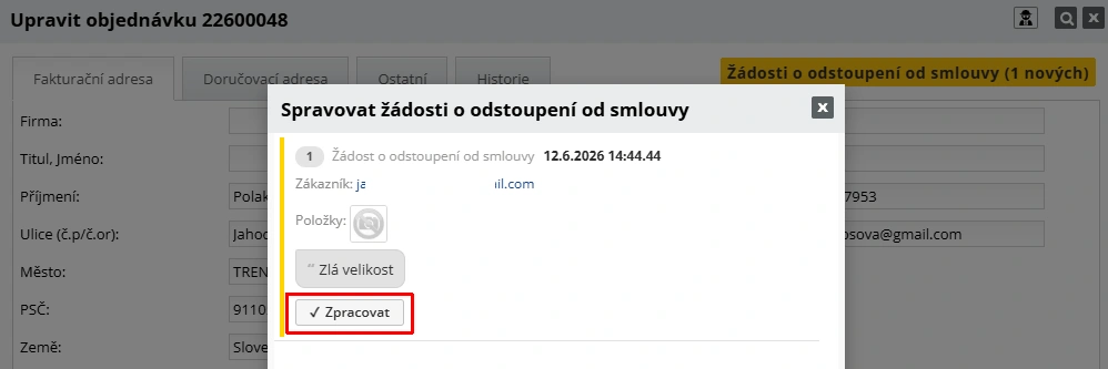Zpracování žádosti o odstoupení