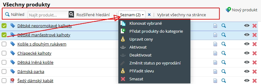 Hromadné akce s produkty v e-shopu