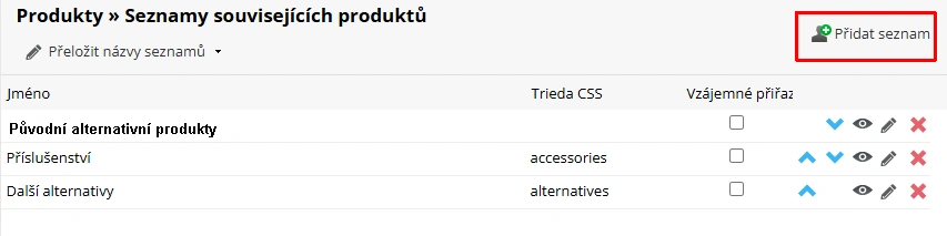 Související produkty - přidání seznamu