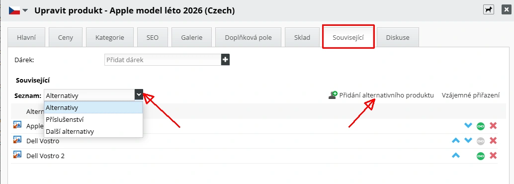Přidání souvisejících produktů