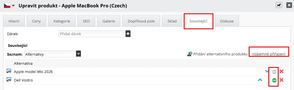 Vzájemné přiřazení produktů v detailu produktu