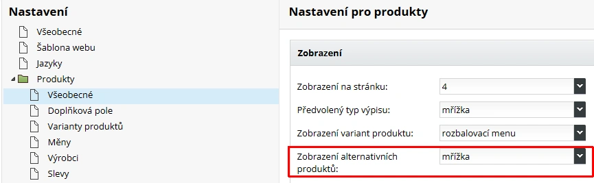 Nastavení zobrazení souvisejících produktů