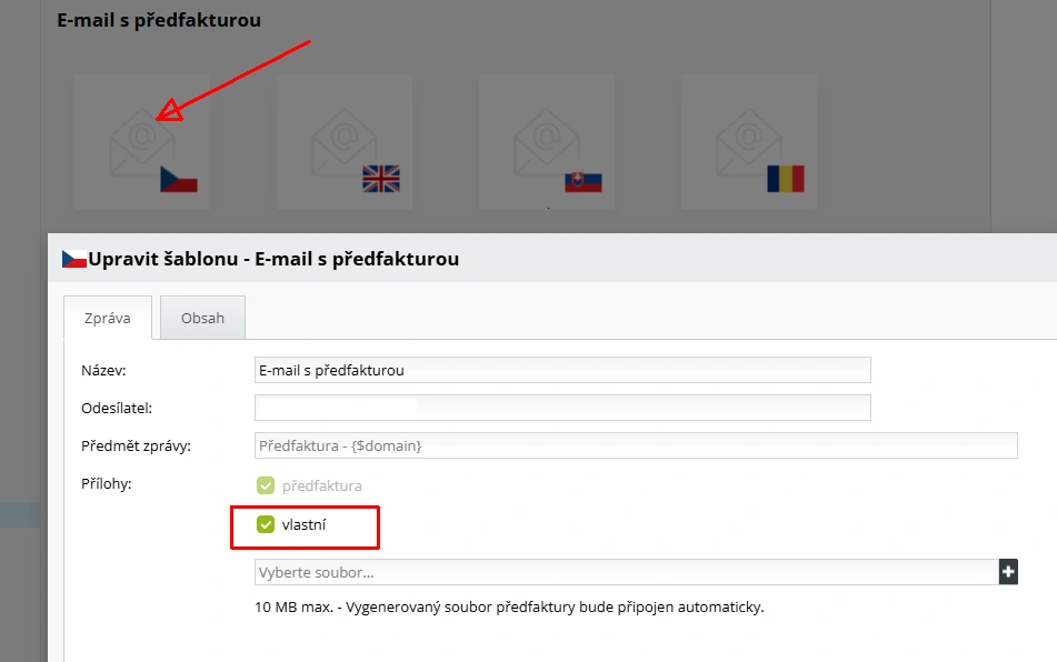 Vkládání přílohy pro automatický e-mail v e-shopu