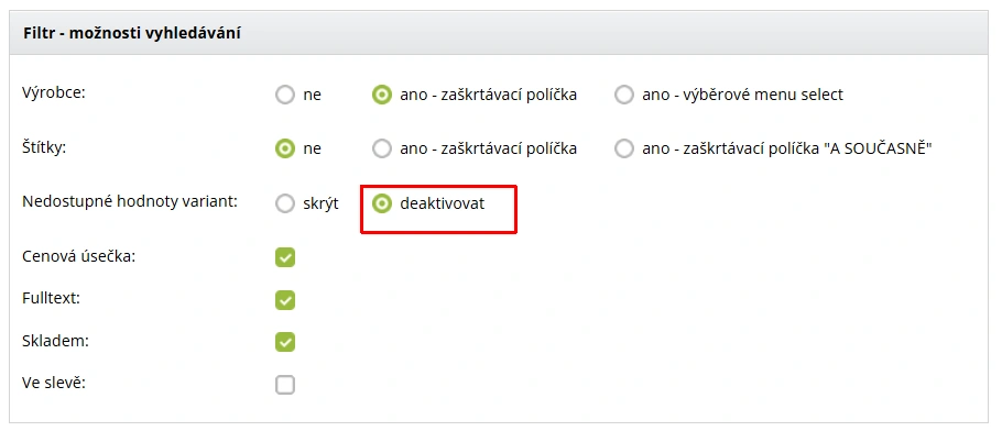 Nastavení filtrování v e-shopu podle vlastností a zobrazení nedostupných hodnot ve filtru