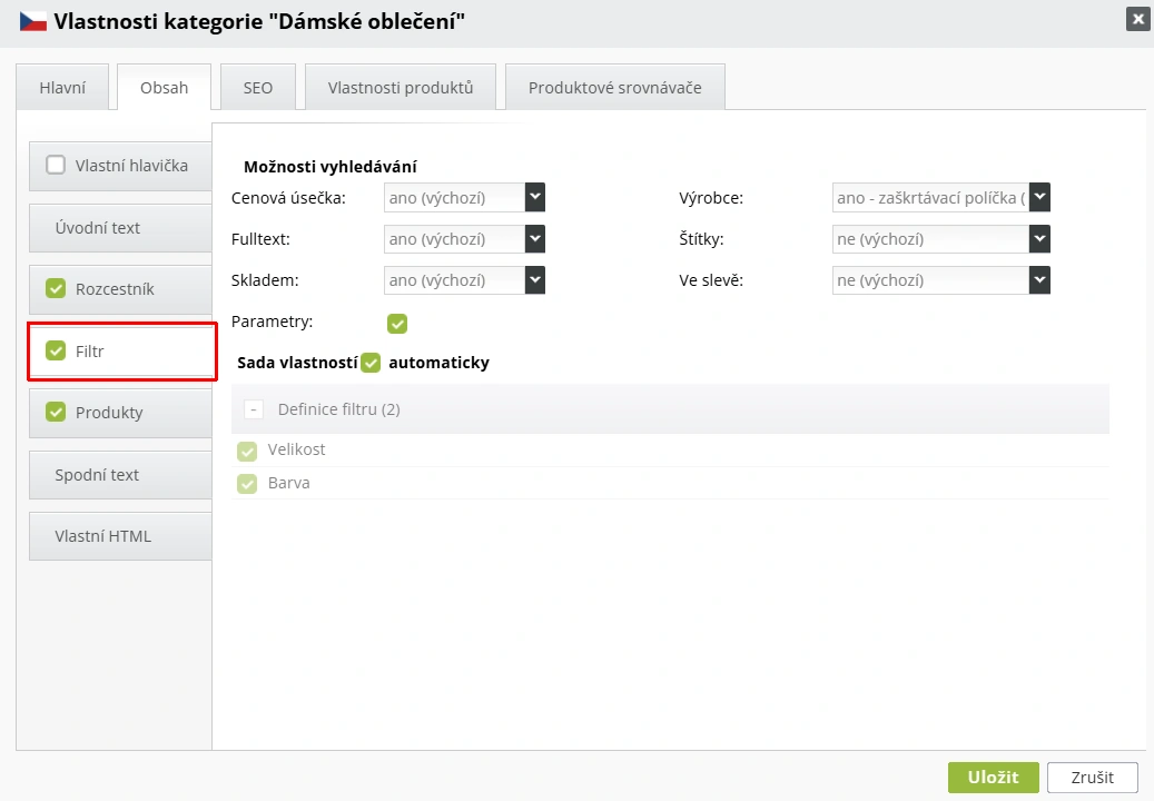 Nastavení vyhledávání pro konkrétní kategorii v e-shopu