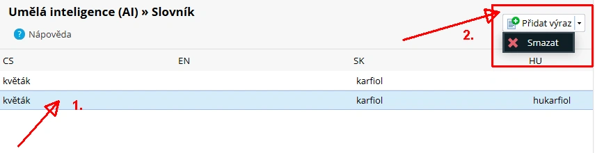 Jak smazat položku ve slovníku AI – 2. možnost