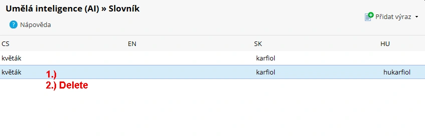 Jak smazat položku ve slovníku AI – 1. možnost