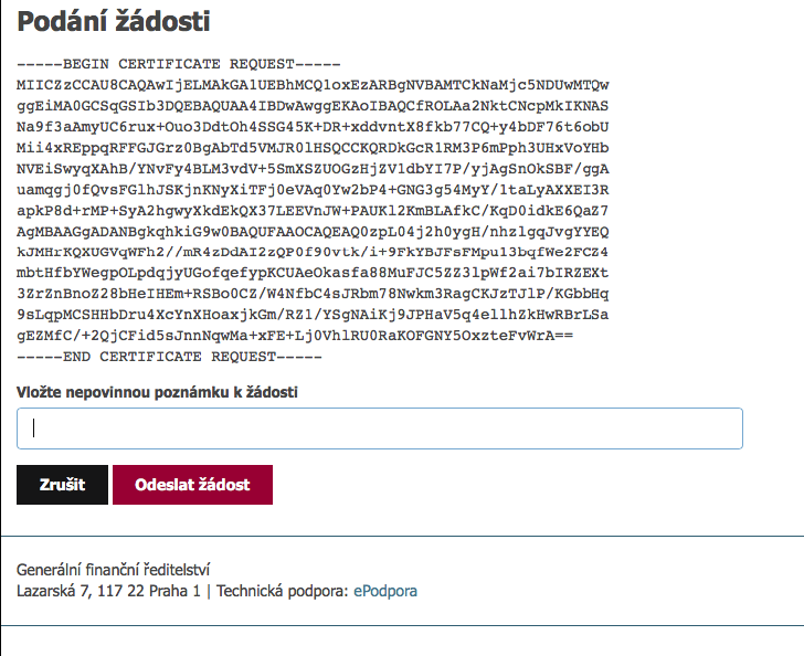 EET odeslat žádost certifikát