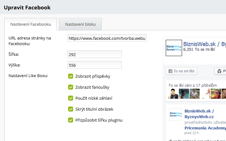 Pridani FB widgetu na web Přidání FB widgetu na webovou stránku