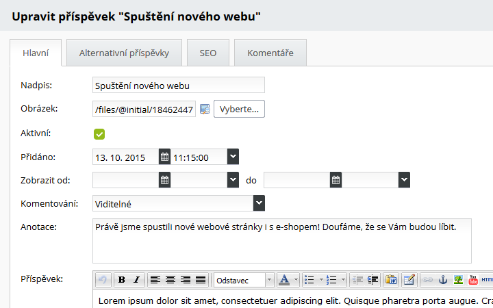 Sekce s novinkami se spravou SEO parametru Vytvořte si sekci s novinkami