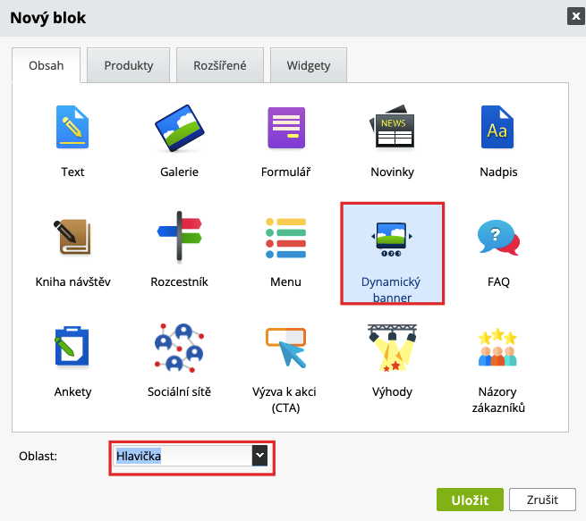dynamický banner do oblasti Hlavička