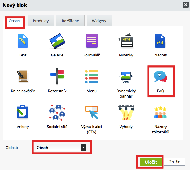 jak vložit blok FAQ | ByznysWeb.cz