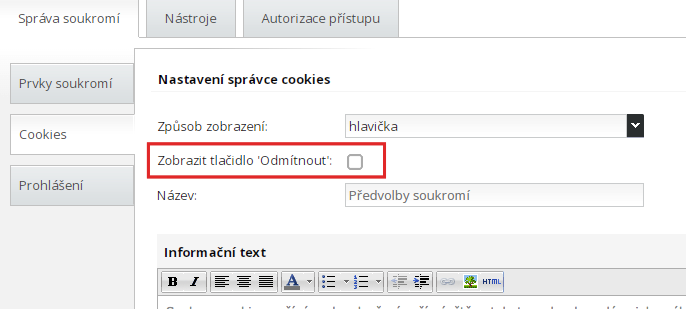 odmítnutí cookies lišty