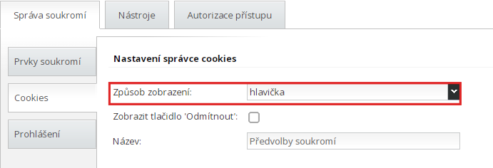 způsob zobrazení cookies lišty