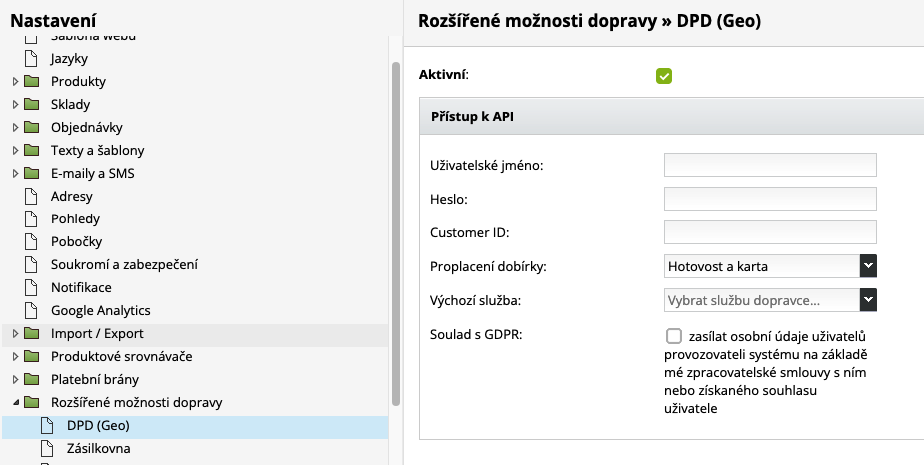 DPD GEO - aktivace napojení e-shopu na DPD