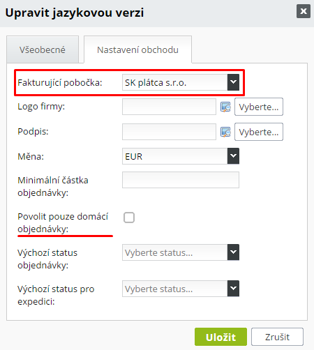 fakturující pobočka v jazykové verzi