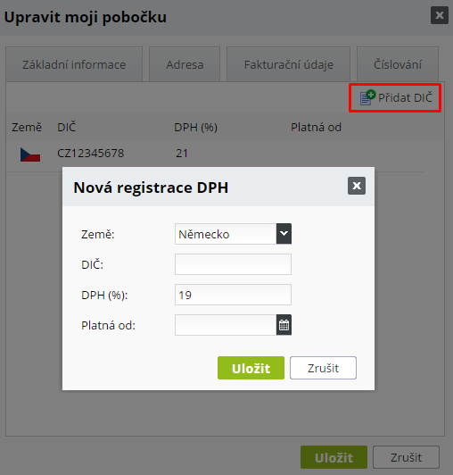 Přidat DIČ pobočce registrované pro DPH ve více zemích