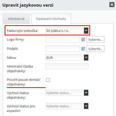 Přiřazení fakturující pobočky jazykové verzi