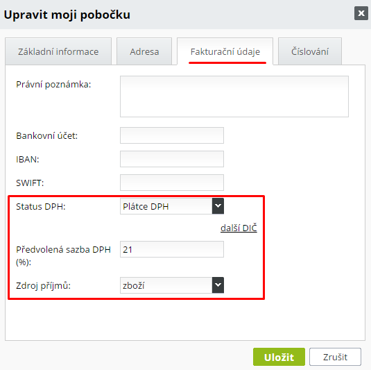 nastavení fakturující pobočky pro plátce DPH