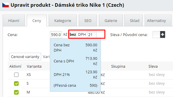 produkt s možností nastavit vlastní sazbu DPH