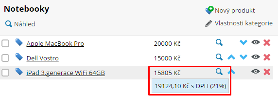 zobrazení DPH v administraci eshopu