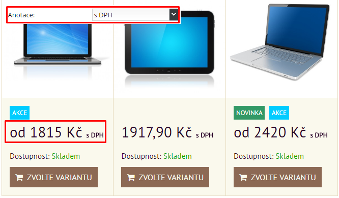 zobrazení DPH v anotaci produktu