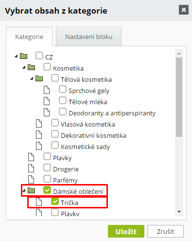 výběr kategorie příklad