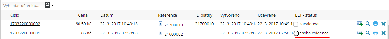 Chyba evidence účtenky do EET