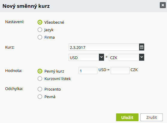 Směnný kurz nastavení