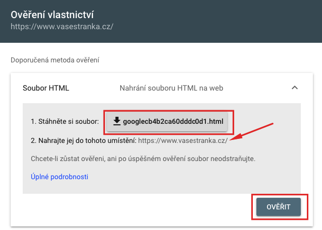 ověření vlastnictví GSC přes HTML soubor