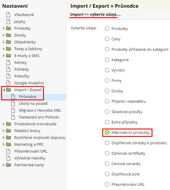import alternativních produktů