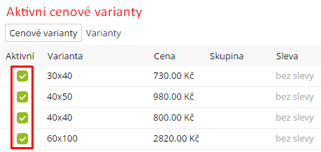 aktivace cenových variant