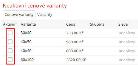 aktivace cenových variant